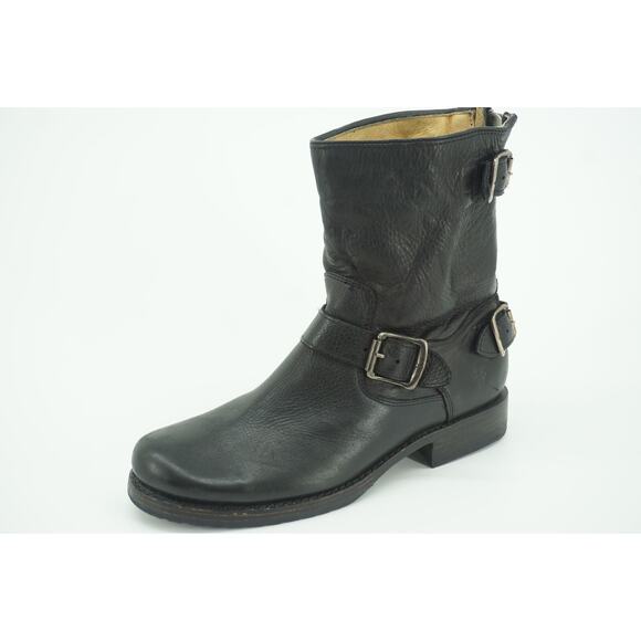 Frye Veronica Shortie Black Leather Biker Boots size 7.5 Slouchy Buckle - Picture 1 of 11